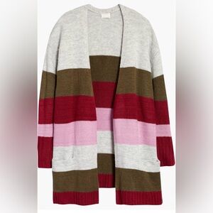 Caslon Plus Size Women's Colorblock Open Front Cardigan - Red, Pink, Brown, Gray